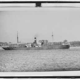 Schwarzweiß-Foto eines langen Frachtdampfers mit mittigem Schornstein, zwei Masten und leichter Rauchfahne, auf ruhigem Wasser vor einem flachen Ufer mit Bäumen; Museumswasserzeichen unten links.