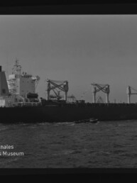 Schwarzweißaufnahme eines großen Frachtschiffs im Hafen mit mehreren markanten Ladekränen, kleinen Begleitbooten auf dem Wasser und einem 'Internationales Maritimes Museum Hamburg'-Wasserzeichen unten links.