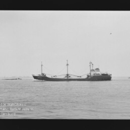 Schwarzweiß-Foto eines Frachtschiffs in Seitenansicht auf ruhiger See mit zwei Ladekranen, sichtbarem Filmrand und Museumsstempel des Internationalen Maritimen Museums Hamburg in der linken unteren Ecke.