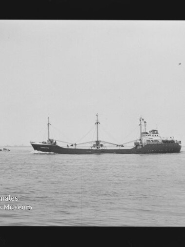 Schwarzweiß-Foto eines Frachtschiffs in Seitenansicht auf ruhiger See mit zwei Ladekranen, sichtbarem Filmrand und Museumsstempel des Internationalen Maritimen Museums Hamburg in der linken unteren Ecke.