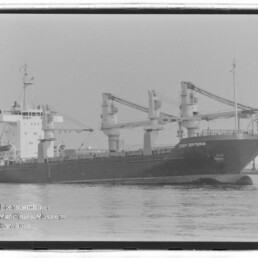 Seitenansicht des Frachtschiffs Conti Britannia mit drei Ladekränen, auf dem Wasser im Hafen vor Lagergebäuden.