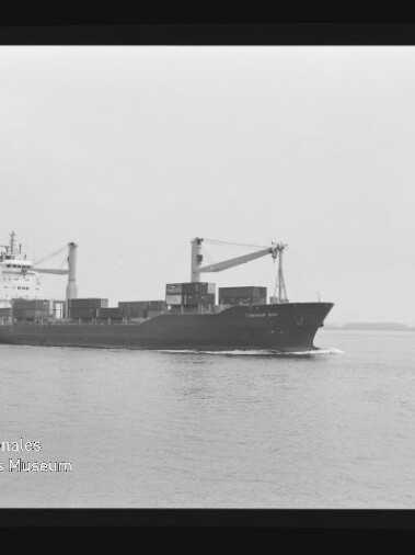 Containerschiff mit zwei Deckskranen und gestapelten Ladecontainern fährt ruhig auf dem Meer; unten links sichtbar das Logo des Internationalen Maritimen Museums Hamburg.