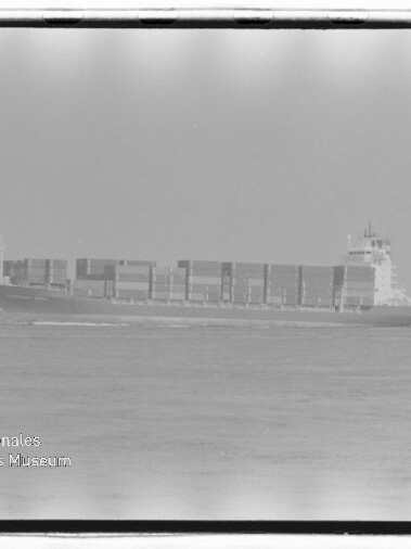 Containerschiff mit aufgestapelten Ladecontainern fährt auf ruhiger See, im Vordergrund rechts eine Möwe und unten links ein Wasserzeichen des Internationalen Maritimen Museums Hamburg.