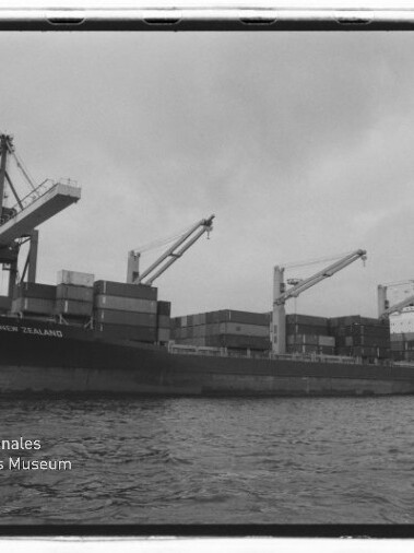 Großes Frachtschiff beladen mit Containern liegt im Hafen neben mehreren Ladekränen, Vordergrund Wasser und links unten sichtbares Logo des Internationalen Maritimen Museums Hamburg.