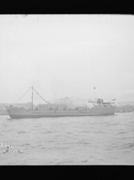 Schwarzweißaufnahme eines mittleren Frachtschiffs mit aufgehängten Wimpelketten, das auf ruhigem Wasser vor einer Uferlinie fährt; rechts ein kleiner Schlepper und unten links ein Wasserzeichen des Internationalen Maritimen Museums Hamburg.