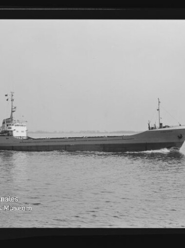 Schwarzweiß-Aufnahme eines länglichen Frachtschiffs mit aufgesetztem Deckshaus mittschiffs, das eine leichte Bugwelle auf ruhigem Meer vor einer flachen Küstenlinie erzeugt; unten links sichtbar das Wasserzeichen des Internationalen Maritimen Museums Hamburg.