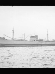 Schwarzweißaufnahme eines großen Frachtschiffs seitlich im Hafen, mit Ladekränen und Aufbauten, Wasser im Vordergrund und kleinem Schlepper am Heck; Wasserzeichen des Internationalen Maritimen Museums Hamburg links unten.