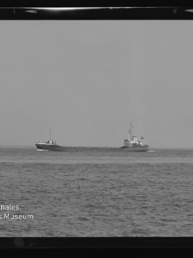 Schwarzweiß-Fotografie zweier Handelsschiffe auf ruhiger See nahe dem Horizont, links ein niedriger Frachter, rechts ein Schiff mit höherem Aufbauten; unten links Logo und Schriftzug des Internationalen Maritimen Museums Hamburg.