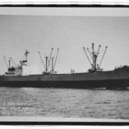 Schwarz-weiß-Foto eines Frachters in Seitenansicht auf ruhiger See mit mehreren Ladekränen auf dem Deck und dem Wasserzeichen des Internationalen Maritimen Museums Hamburg in der unteren linken Ecke.