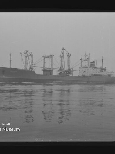 Schwarzweiß-Foto eines Frachtschiffs mit mehreren Ladekränen, das ruhig über spiegelglattes Wasser fährt, mit sichtbarer Spiegelung und dem Schriftzug „Internationales Maritimes Museum Hamburg“ unten links.