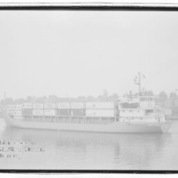 Frachtschiff mit mehreren übereinander gestapelten Containern fährt auf ruhigem Wasser vor einer nebligen Uferlinie mit Gebäuden und Bäumen.