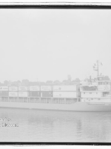 Frachtschiff mit mehreren übereinander gestapelten Containern fährt auf ruhigem Wasser vor einer nebligen Uferlinie mit Gebäuden und Bäumen.