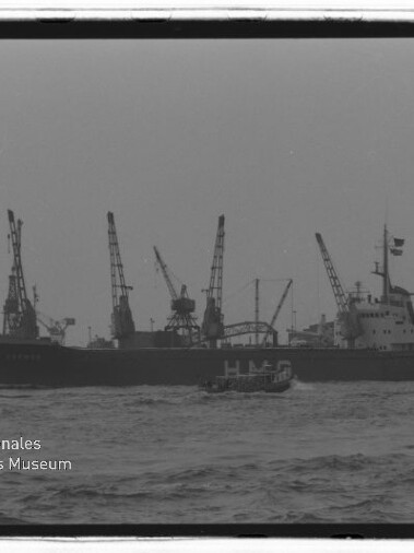 Schwarzweißfoto eines Frachtschiffs mit großen Buchstaben HMG auf der Bordwand, das in einem Industriehafen an mehreren Kränen vorbeifährt; im Vordergrund ein kleines Lotsenboot.