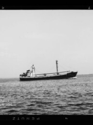 Schwarzweißaufnahme eines Frachtschiffs auf ruhiger See, seitliche Ansicht mit niedrigem Deckshaus am Heck und mittschifflichem Ladebaum/Mast vor flachem Horizont; Wasserzeichen des Internationalen Maritimen Museums Hamburg links unten.