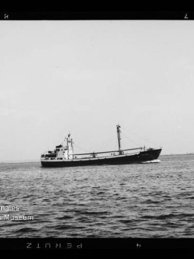 Schwarzweißaufnahme eines Frachtschiffs auf ruhiger See, seitliche Ansicht mit niedrigem Deckshaus am Heck und mittschifflichem Ladebaum/Mast vor flachem Horizont; Wasserzeichen des Internationalen Maritimen Museums Hamburg links unten.