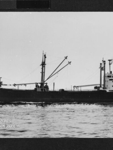Schwarzweiß-Seitenansicht eines Frachtschiffs mit zwei Masten und Ladebäumen sowie achterlicher Aufbauten, das ruhig auf offener See fährt; unten links Wasserzeichen des Internationalen Maritimen Museums Hamburg.