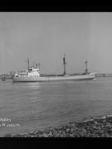 Schwarz-weiß-Foto eines weiß gestrichenen Frachtschiffs mit zwei Ladebaum-Masten, das auf ruhigem Wasser vor einem flachen Ufer mit Steinböschung fährt; links unten das Logo des Internationalen Maritimen Museums Hamburg.