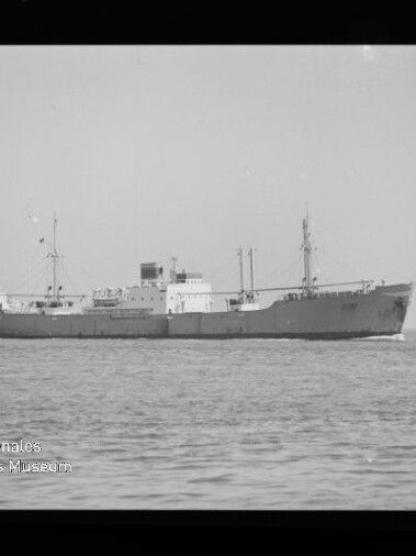 Schwarzweiß-Seitenansicht eines Frachtschiffs auf ruhigem Meer vor flachem Horizont, mit sichtbarem Filmrand, Museumswasserzeichen unten links und einem kleinen Segelboot in der Ferne rechts.