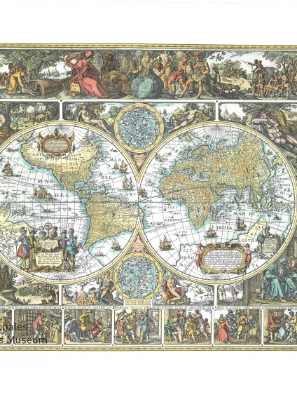 Antike Doppelhemisphären-Weltkarte mit zwei großen Weltkugeln in der Mitte, umgeben von einem ornamentalen Rahmen mit zahlreichen Vignetten (Schiffe, Seeungeheuer, Figuren, Tiere), dekorativen Kartuschen und Kompassrosen; unten links Stempel des Internationalen Maritimen Museums Hamburg.