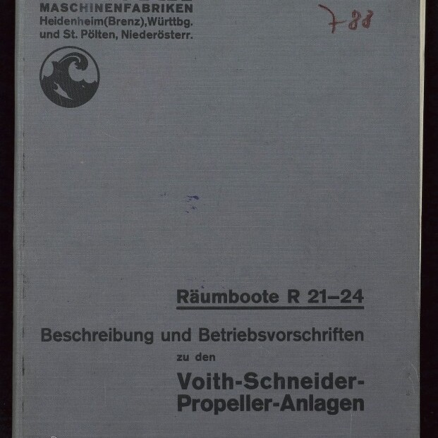 Grau-blaues Einband eines technischen Handbuchs der Voith‑Maschinenfabriken mit Firmenlogo oben links, gedrucktem Titel 
