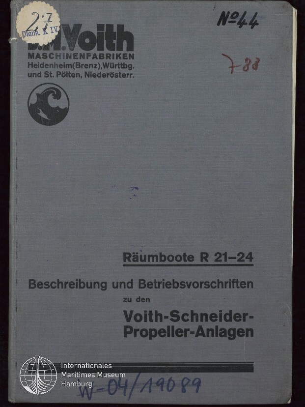 Grau-blaues Einband eines technischen Handbuchs der Voith‑Maschinenfabriken mit Firmenlogo oben links, gedrucktem Titel 