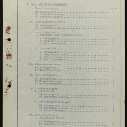 Getipptes deutsches Inhaltsverzeichnis einer technischen Akte („Inhaltsverzeichnis — Abschnitt I: Wellen und Schrauben“) auf gealtertem Papier mit Lochstanzungen und Rostflecken am linken Rand sowie Museumsstempel „Internationales Maritimes Museum Hamburg“ unten links.