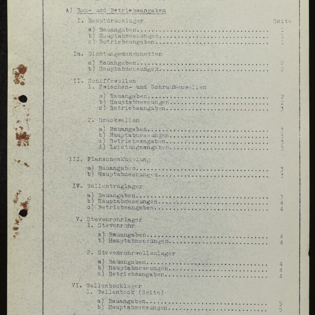 Getipptes deutsches Inhaltsverzeichnis einer technischen Akte („Inhaltsverzeichnis — Abschnitt I: Wellen und Schrauben“) auf gealtertem Papier mit Lochstanzungen und Rostflecken am linken Rand sowie Museumsstempel „Internationales Maritimes Museum Hamburg“ unten links.