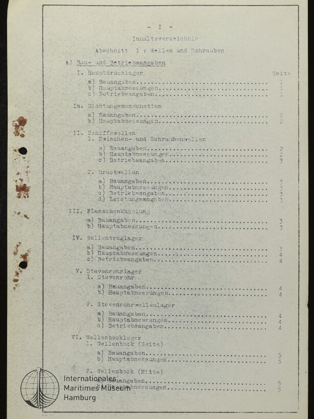 Getipptes deutsches Inhaltsverzeichnis einer technischen Akte („Inhaltsverzeichnis — Abschnitt I: Wellen und Schrauben“) auf gealtertem Papier mit Lochstanzungen und Rostflecken am linken Rand sowie Museumsstempel „Internationales Maritimes Museum Hamburg“ unten links.
