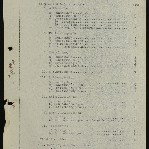 Vergilbtes, gelochtes Blatt mit einem getippten deutschen Inhaltsverzeichnis mit nummerierten Abschnitten, Punkte-Leadern und Seitenzahlen; linke Randflecken und Stanzlöcher sowie unten links ein Stempel 'Internationales Maritimes Museum Hamburg' mit Globus-Logo.