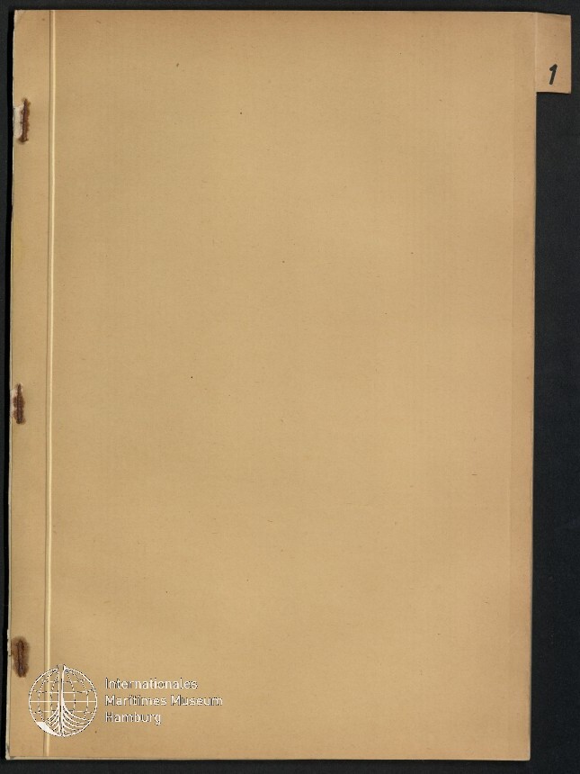 Beige leere Blattseite in schwarzem Einband, links drei rostige Heftbefestigungen, oben rechts ein Eckregister mit der Ziffer 1 und unten links das Logo des Internationalen Maritimen Museums Hamburg.