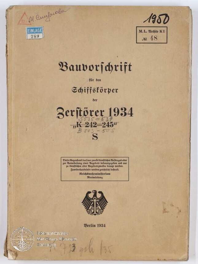 Beiges, leicht abgenutztes Titelblatt eines technischen Hefts in schwarzer Frakturschrift mit der Überschrift 