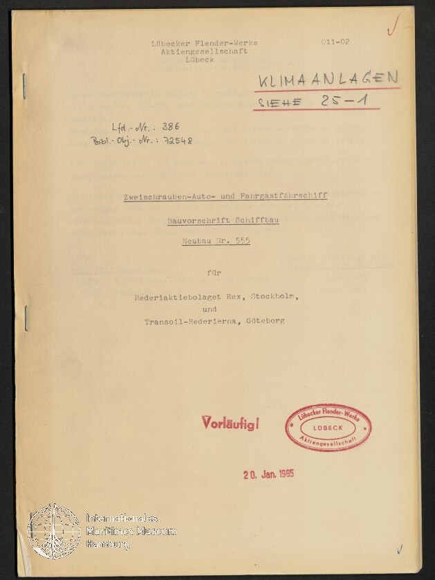 Titelblatt eines Dokuments der Lübecker Flender‑Werke: handschriftlich oben rechts 'KLIMAANLAGEN', Betreff 'Zweischrauben‑Auto‑ und Fahrgastfährschiff – Bauvorschrift, Neubau Nr. 555' für Rederiaktiebolaget Rex (Stockholm) und Transoil‑Rederierna (Göteborg), mit rotem Stempel 'Vorläufig', Datum 20. Jan. 1965 und ovalem Firmenstempel.