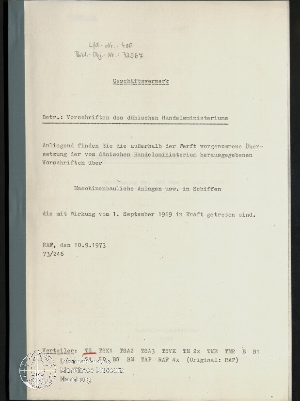 Getipptes deutsches Geschäftsvermerk-Dokument mit Überschrift ‚Geschäftsvermerk‘, Betreff ‚Vorschriften des dänischen Handelsministeriums‘, Hinweis auf maschinenbauliche Anlagen in Schiffen mit Wirksamkeit ab 1. September 1969, Datumsangabe RAF 10.9.1973 und Stempel/Prägung unten links; links gebundene Seite.