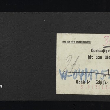 Querformatiges schwarzes Skizzenbuch mit angenähtem Bindestreifen links und rundem Etikett 