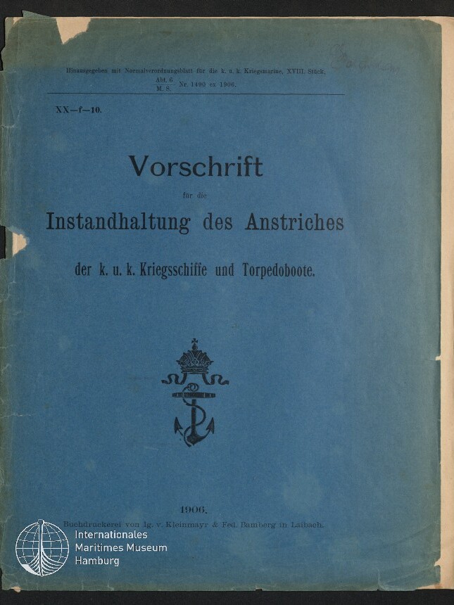 Blauer Einband einer 1906 erschienenen k.u.k.-Marinevorschrift mit dem Titel 