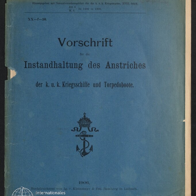 Blauer Einband einer 1906 erschienenen k.u.k.-Marinevorschrift mit dem Titel 