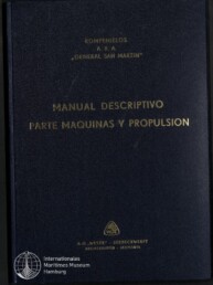 Dunkelblauer Hardcover-Umschlag mit goldener Prägung: „ROMPEHIELOS A.R.A. ‚GENERAL SAN MARTIN‘ MANUAL DESCRIPTIVO PARTE MAQUINAS Y PROPULSION“, darunter kleines Werftlogo und Schriftzug „A.G. WESER - SEEBECKWERFT BREMENHAVEN - ALEMANIA“ sowie Museumswasserzeichen unten links.
