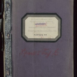 Lila-braunes Buchcover mit abgenutztem schwarzem Leinenrücken, mittig aufgeklebtem achteckigen Etikett mit getippter deutscher Beschriftung und durchgestrichenem roten Stempel sowie einer roten handschriftlichen Notiz, unten links Logo des Internationalen Maritimen Museums Hamburg.