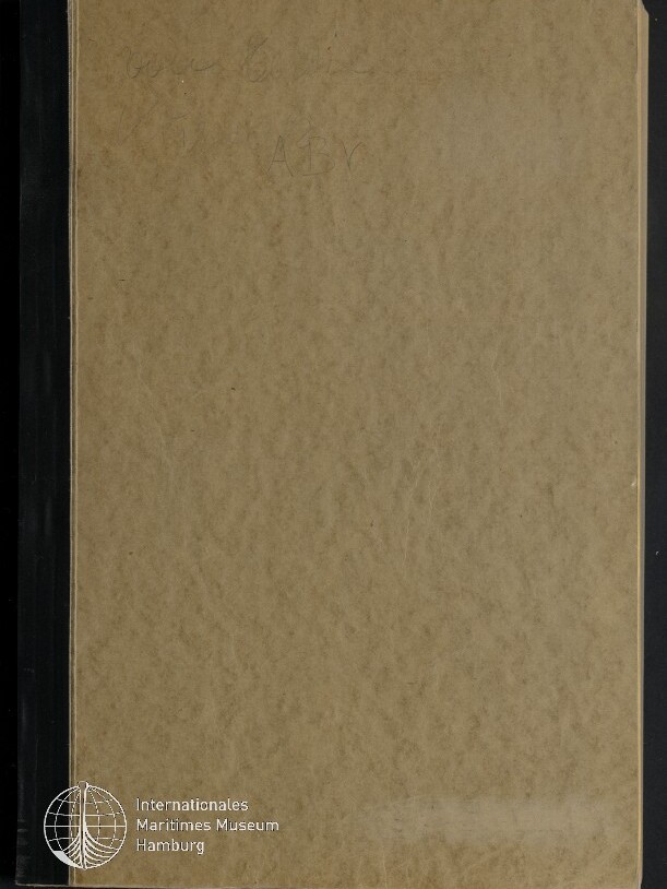 Braunes, leicht strukturiertes Notizbuch- oder Hefter-Cover mit schwarzem Buchrücken, schwacher Bleistiftbeschriftung oben und weißem Logo des Internationalen Maritimen Museums Hamburg unten links