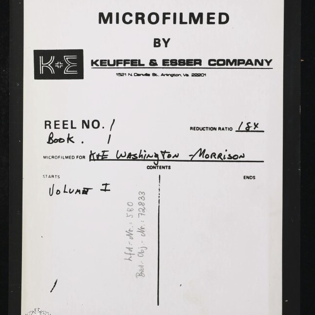 Schwarz gerahmtes Archivblatt mit dem gedruckten Titel „MICROFILMED“, Firmenlogo und Schriftzug „Keuffel & Esser Company“, handschriftlichen Einträgen wie „Reel No. 1“, „Book 1“ und „Reduction Ratio 18x“ sowie einem Stempel/Logo des Internationalen Maritimen Museums Hamburg unten links.
