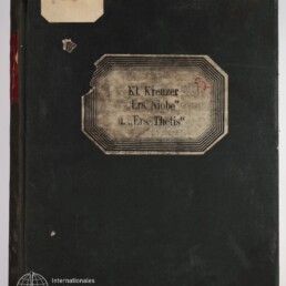 Schwarzer, abgenutzter Buch- oder Ordnerdeckel mit vergilbtem, achteckigem Etikett in der Mitte mit der Aufschrift Kl. Kreuzer „Ers. Niobe“ L. „Ers. Thetis“, kleinem abgelösten Etikett oben links und weißem Logo des Internationalen Maritimen Museums Hamburg unten links