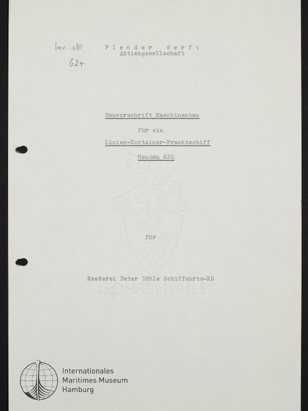 Titelseite eines technischen Dokuments der Flender Werft Aktiengesellschaft mit getipptem Titel 