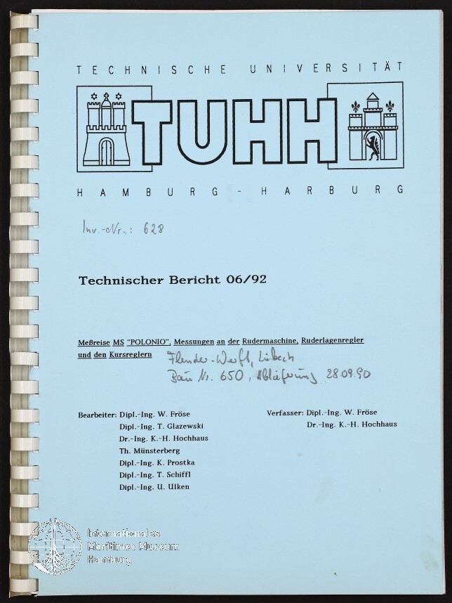 Titelblatt eines hellblauen, spiralgebundenen Berichts der Technischen Universität Hamburg‑Harburg mit großem TUHH‑Logo oben, der Überschrift „Technischer Bericht 06/92“, handschriftlichen Notizen in der Mitte sowie Autorenliste und Museumsstempel unten links.