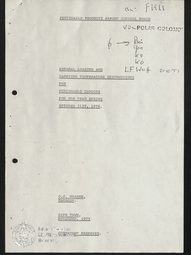Schwarzweiß-Foto einer Seite eines amtlichen Dokuments mit getipptem Titel 'PERISHABLE PRODUCTS EXPORT CONTROL BOARD' und Untertitel zu Lade- und Temperaturvorschriften für verderbliche Fracht (Jahr endend 31. Oktober 1976), mit handschriftlichen Notizen oben rechts, Lochungen am linken Rand und rundem Stempel unten links.