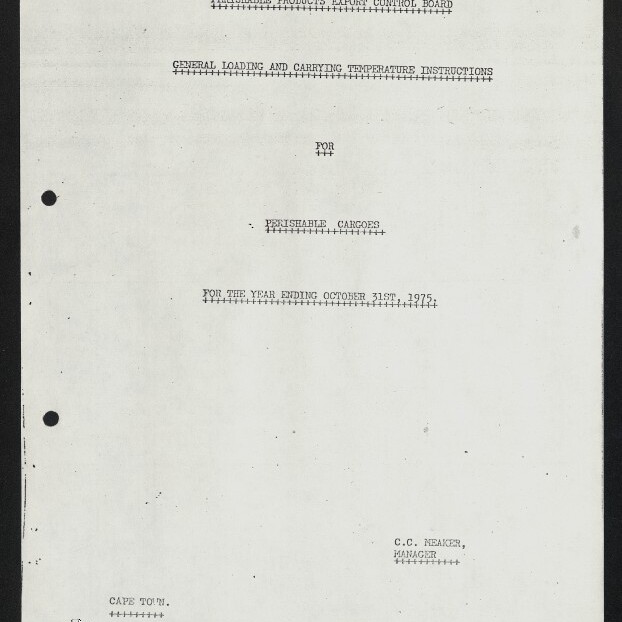 Gescanntes Deckblatt einer 1975er Dienstanweisung des Perishable Products Export Control Board über allgemeine Lade‑ und Transporttemperaturen für verderbliche Ladungen, mit mittigen Titelzeilen, Datumszeile „for the year ending October 31st, 1975“, gedrucktem Namen und Titel „C.C. Meaker, Manager“ rechts unten und Stempel links unten.