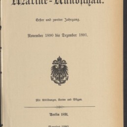 Titelblatt der Zeitschrift „Marine‑Rundschau“ mit großem Fraktur‑Titel, dem Untertitel „Erster und zweiter Jahrgang“, dem Datumsangabe „November 1890 bis Dezember 1891“, einem kaiserlichen Adlerwappen in der Bildmitte, Publikationsangaben „Berlin 1891“ und „Reprint 1980“, Stempel des Internationalen Maritimen Museums Hamburg unten links und Bleistiftnotizen oben rechts.