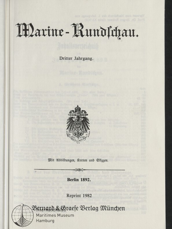Titelblatt der Fachzeitschrift „Marine‑Rundschau“ in Frakturschrift mit dem Text „Dritter Jahrgang“, mittig einem deutschen Reichsadler als Wappen, dem Vermerk „Mit Abbildungen, Karten und Skizzen“, dem Druckhinweis „Berlin 1892. Reprint 1982“ sowie dem Verlagsnamen „Bernard & Graefe Verlag München“ und einem Stempel des Maritimen Museums Hamburg.