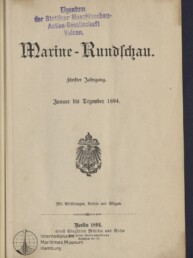 Titelblatt der Zeitschrift „Marine‑Rundschau“ in Frakturschrift auf vergilbtem Papier, oben ein lila Stempel »Eigentum der Stettiner Maschinenbau‑Actien‑Gesellschaft Vulcan«, die Jahresangabe „Januar bis Dezember 1894“, ein Reichsadler‑Emblem in der Mitte und Verlagsangaben am unteren Rand.