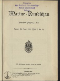 Titelseite der Zeitschrift Marine‑Rundschau (Januar–Juni 1904) mit schwarzer Frakturüberschrift, mittig platziertem deutschen Reichsadler, violettem Eigentumsstempel der Stettiner Maschinenbau‑Actien‑Gesellschaft „Vulcan“ oben und Museumssiegel des Internationalen Maritimen Museums Hamburg unten.