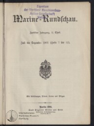 Titelblatt der Zeitschrift ‚Marine‑Rundschau‘ (Zwölfter Jahrgang, II. Teil, Juli–Dezember 1901) mit schwarzer gotischer Überschrift, violettem Besitzstempel der Stettiner Maschinenbau‑Actien‑Gesellschaft „Vulcan“, dem deutschen Reichsadler in der Mitte, Verlagsangaben ‚Berlin 1901‘ und Museumslogo unten links.